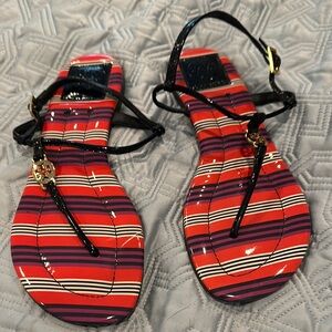 Tory Burch Red and Black Striped Sandals